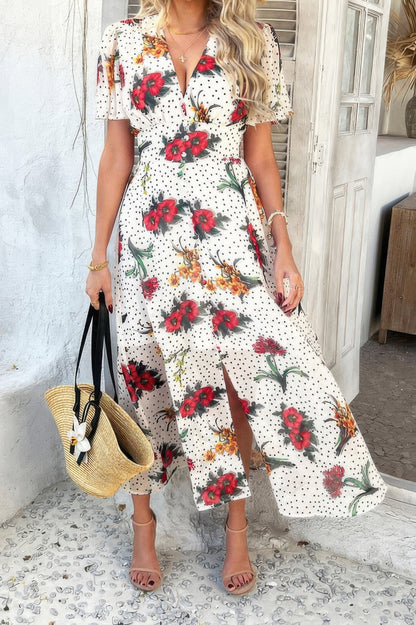 Floral V Neck Short Sleeve Tied Wrap Dress