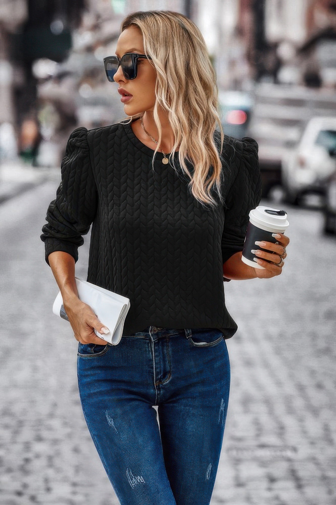 Solid Crewneck Twist Texture Loose Fit Pullover