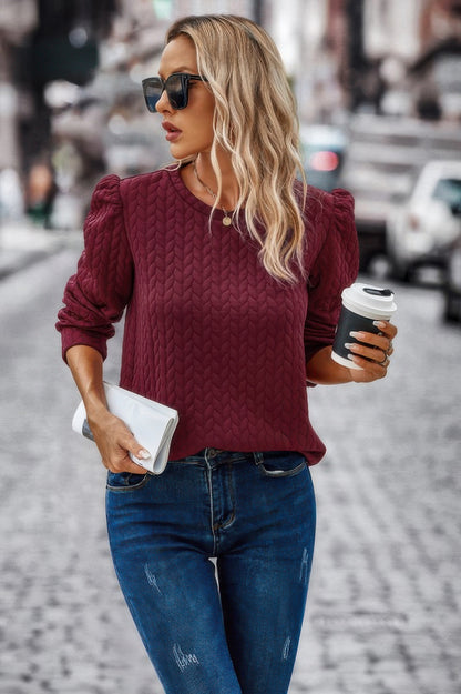 Solid Crewneck Twist Texture Loose Fit Pullover