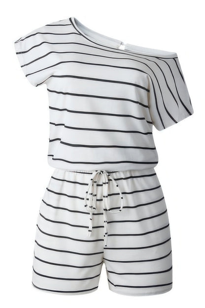 Striped Short Sleeve Drawstring Waist Romper