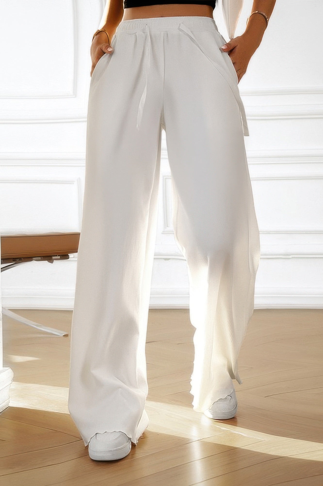 Solid Pockets Elastic Waist Loose Straight Pants
