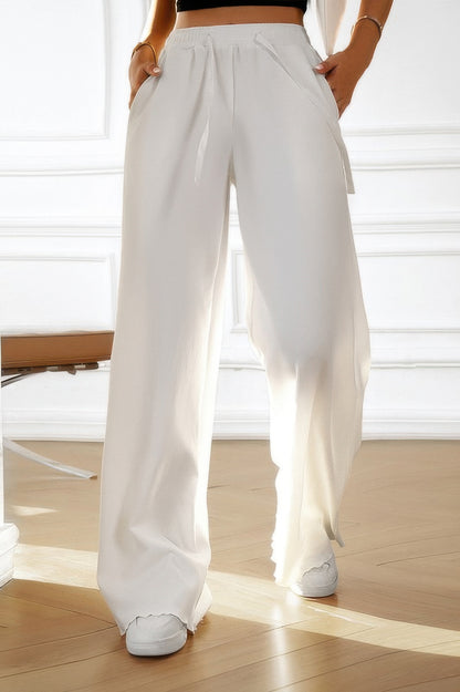 Solid Pockets Elastic Waist Loose Straight Pants