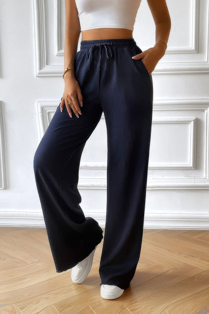 Solid Pockets Elastic Waist Loose Straight Pants