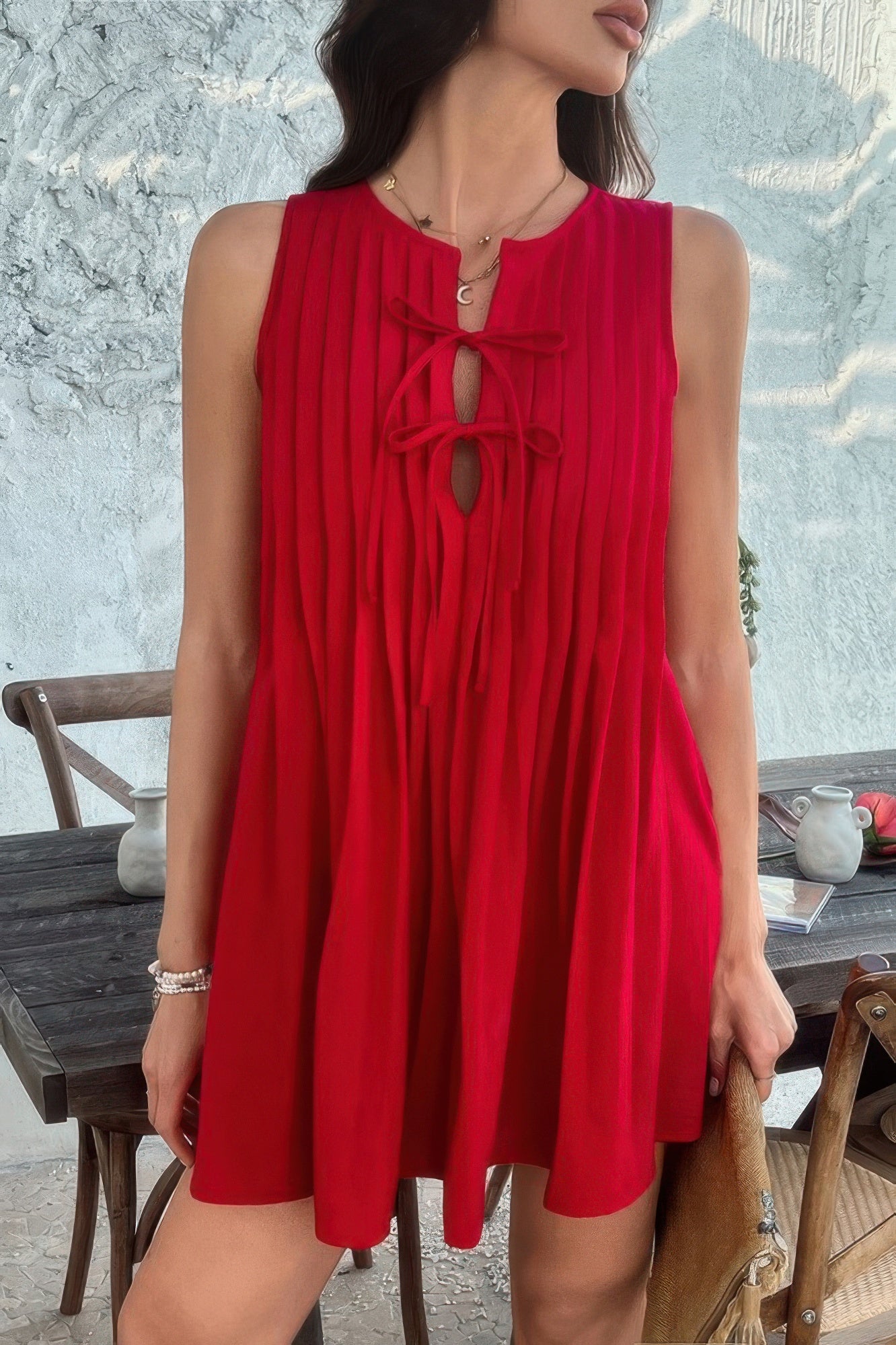 Solid Tie Knot Pleated Sleeveless Mini Dress
