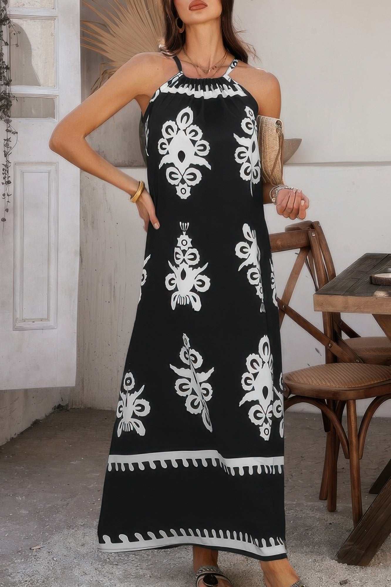 Geo Print Halter Sleeveless Loose Fit Dress