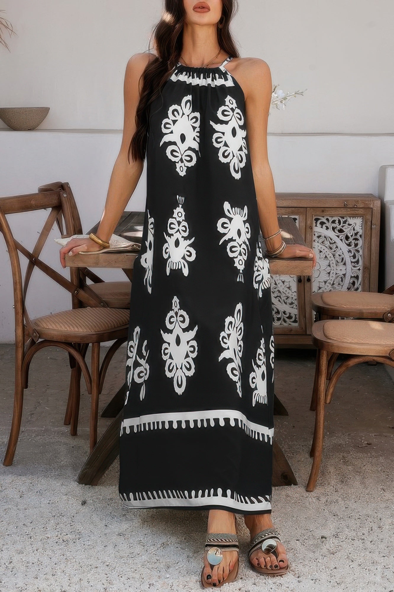 Geo Print Halter Sleeveless Loose Fit Dress