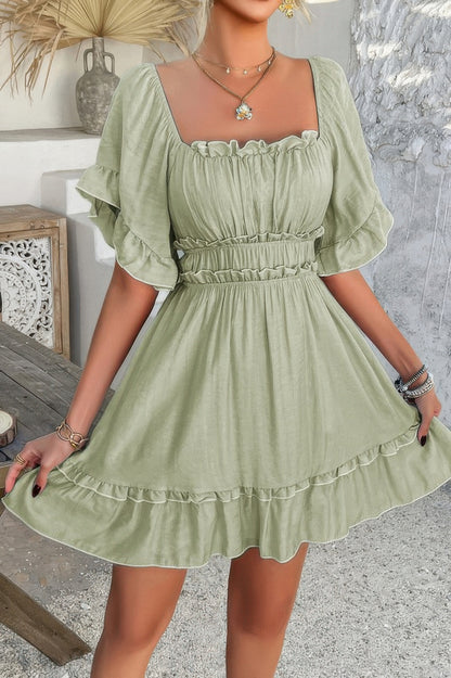 Off Shoulder Square Neck Ruffle Trim Short Dress