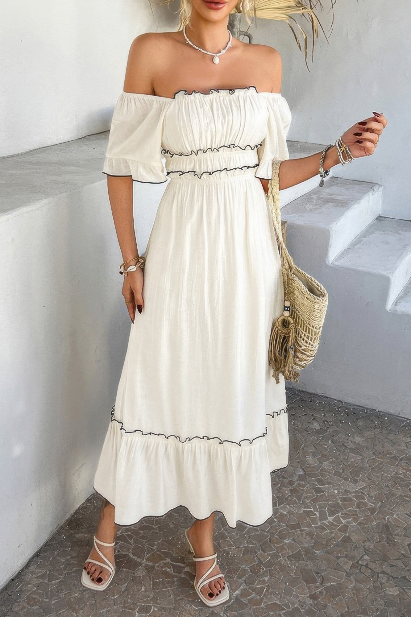 Off Shoulder Bodycon Backless Ruffle Trim Dress