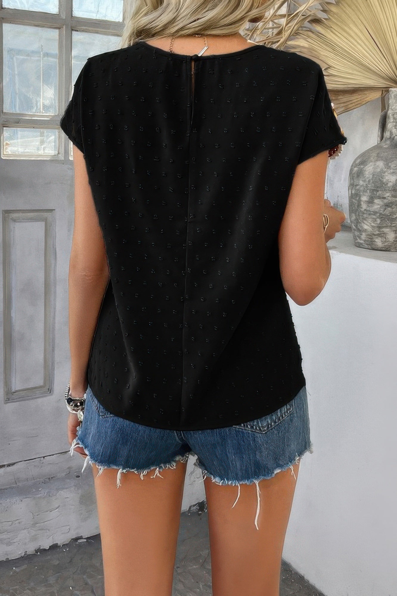 Swiss Dot Crochet Patchwork Short Sleeves Shirt
