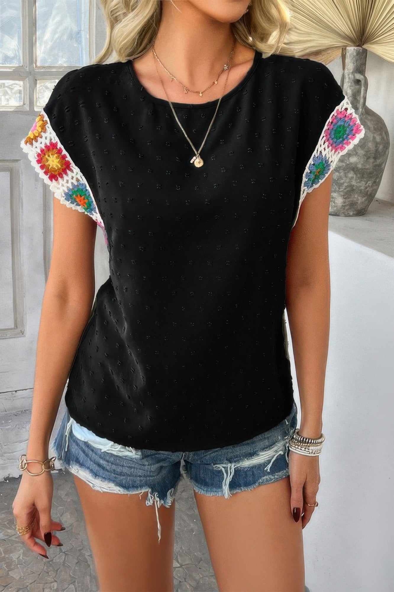 Swiss Dot Crochet Patchwork Short Sleeves Shirt
