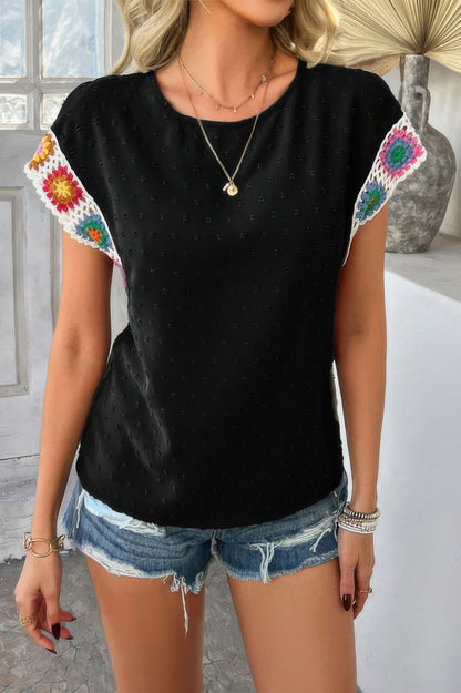 Swiss Dot Crochet Patchwork Short Sleeves Shirt