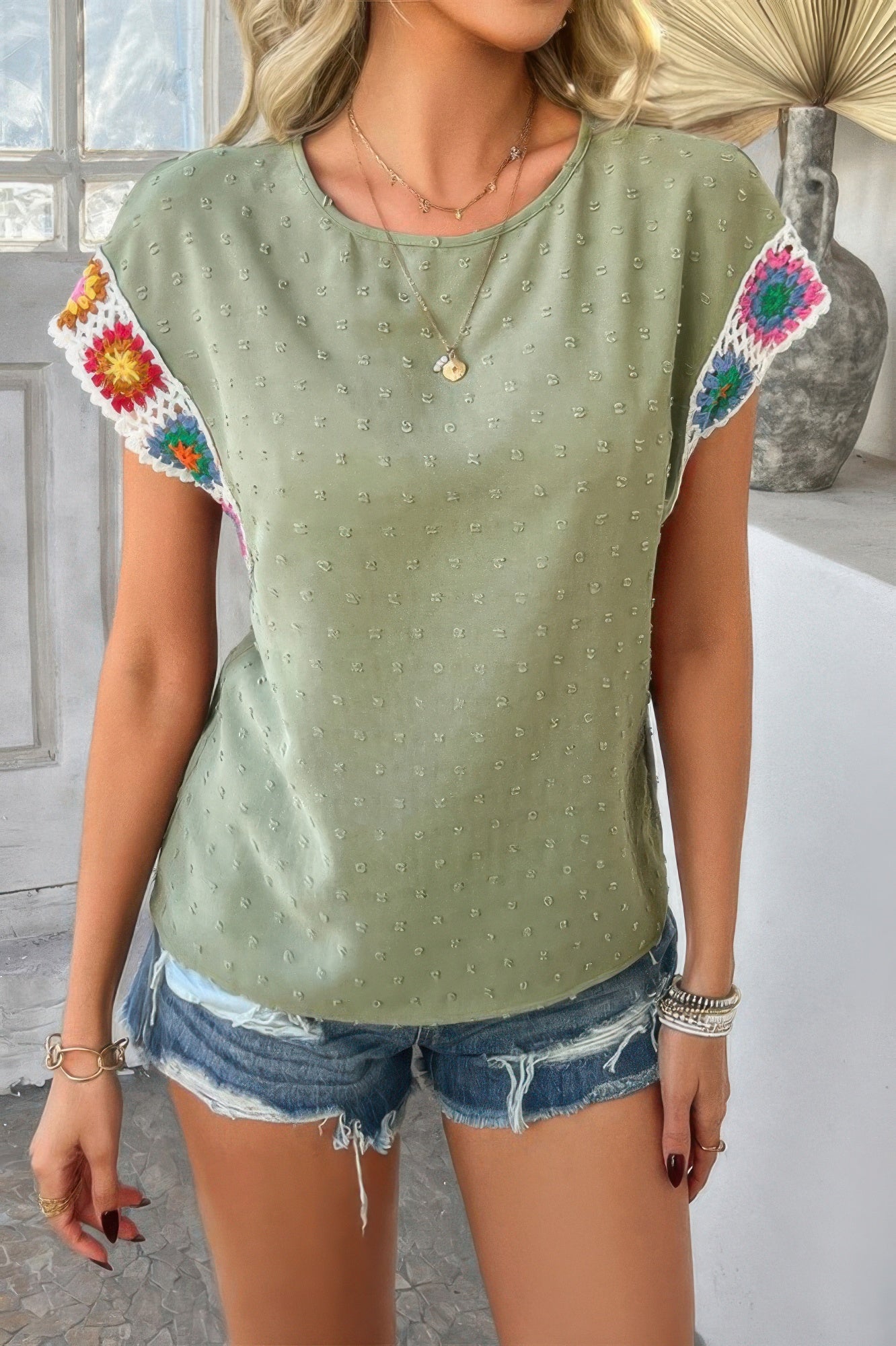 Swiss Dot Crochet Patchwork Short Sleeves Shirt