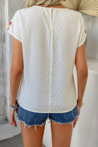 Swiss Dot Crochet Patchwork Short Sleeves Shirt