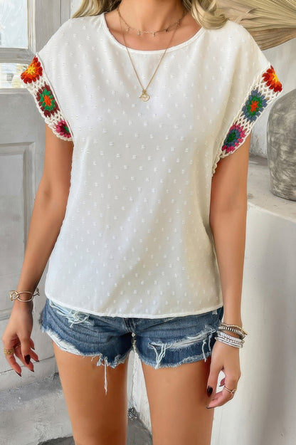 Swiss Dot Crochet Patchwork Short Sleeves Shirt