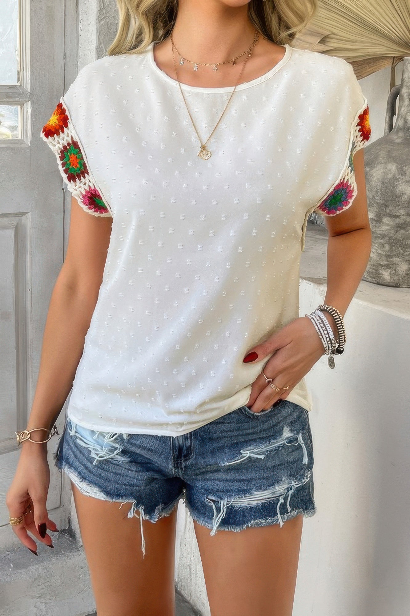 Swiss Dot Crochet Patchwork Short Sleeves Shirt