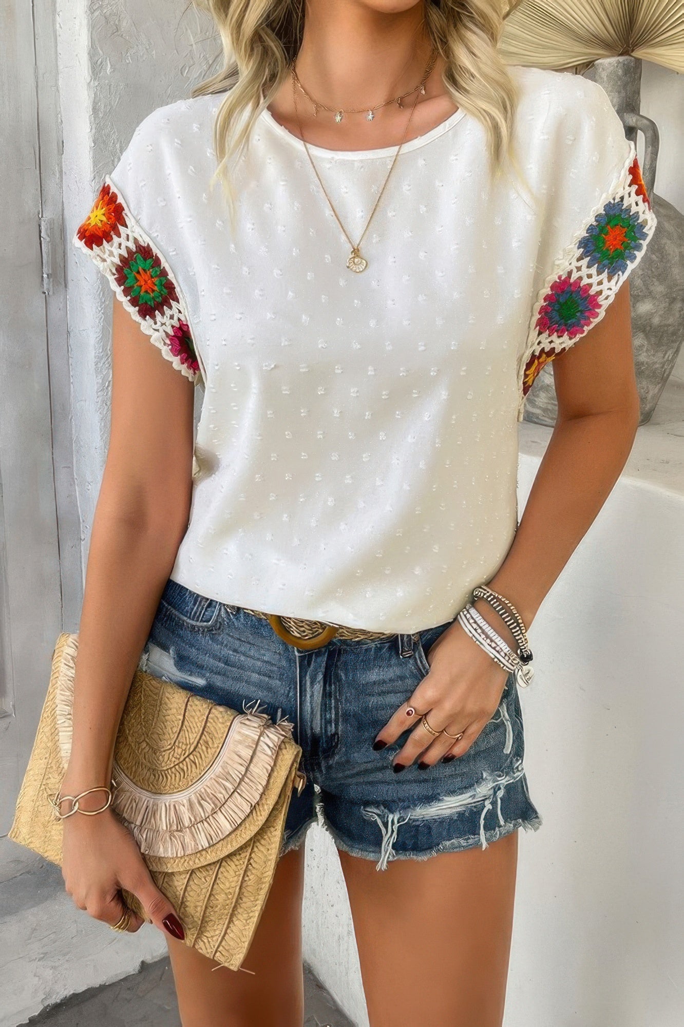 Swiss Dot Crochet Patchwork Short Sleeves Shirt