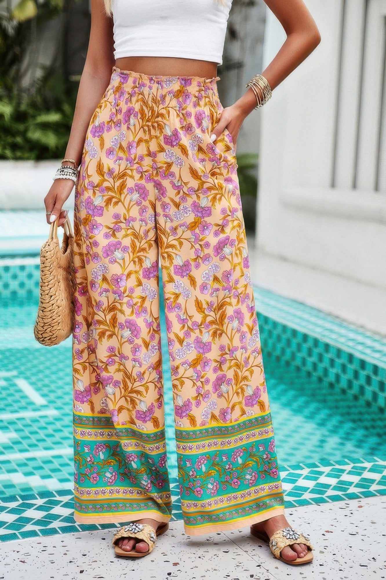 Floral Printed Loose High Waist Wide Leg Pant