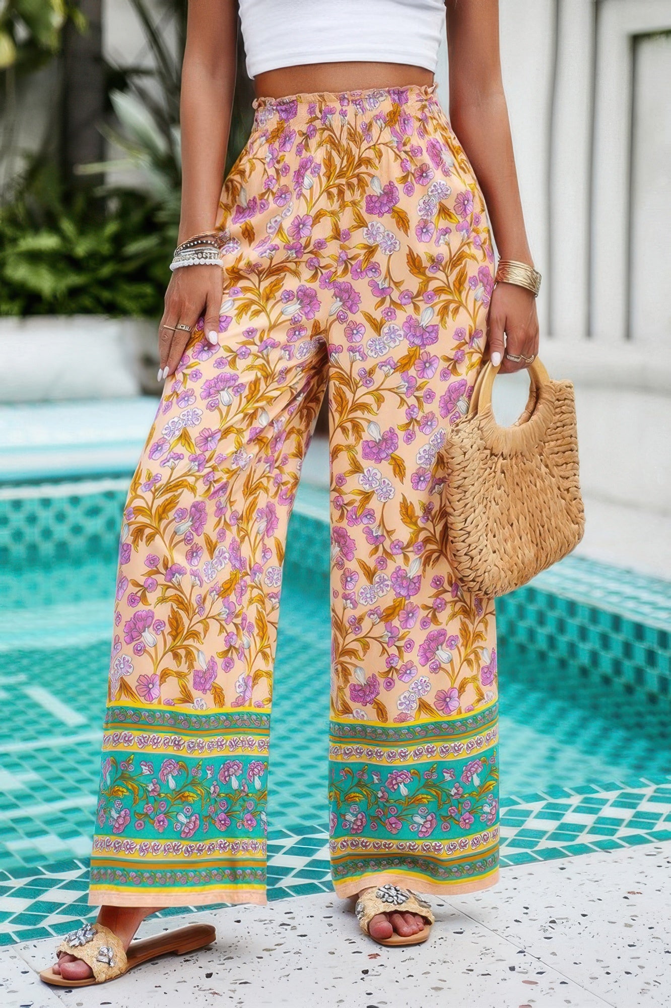 Floral Printed Loose High Waist Wide Leg Pant