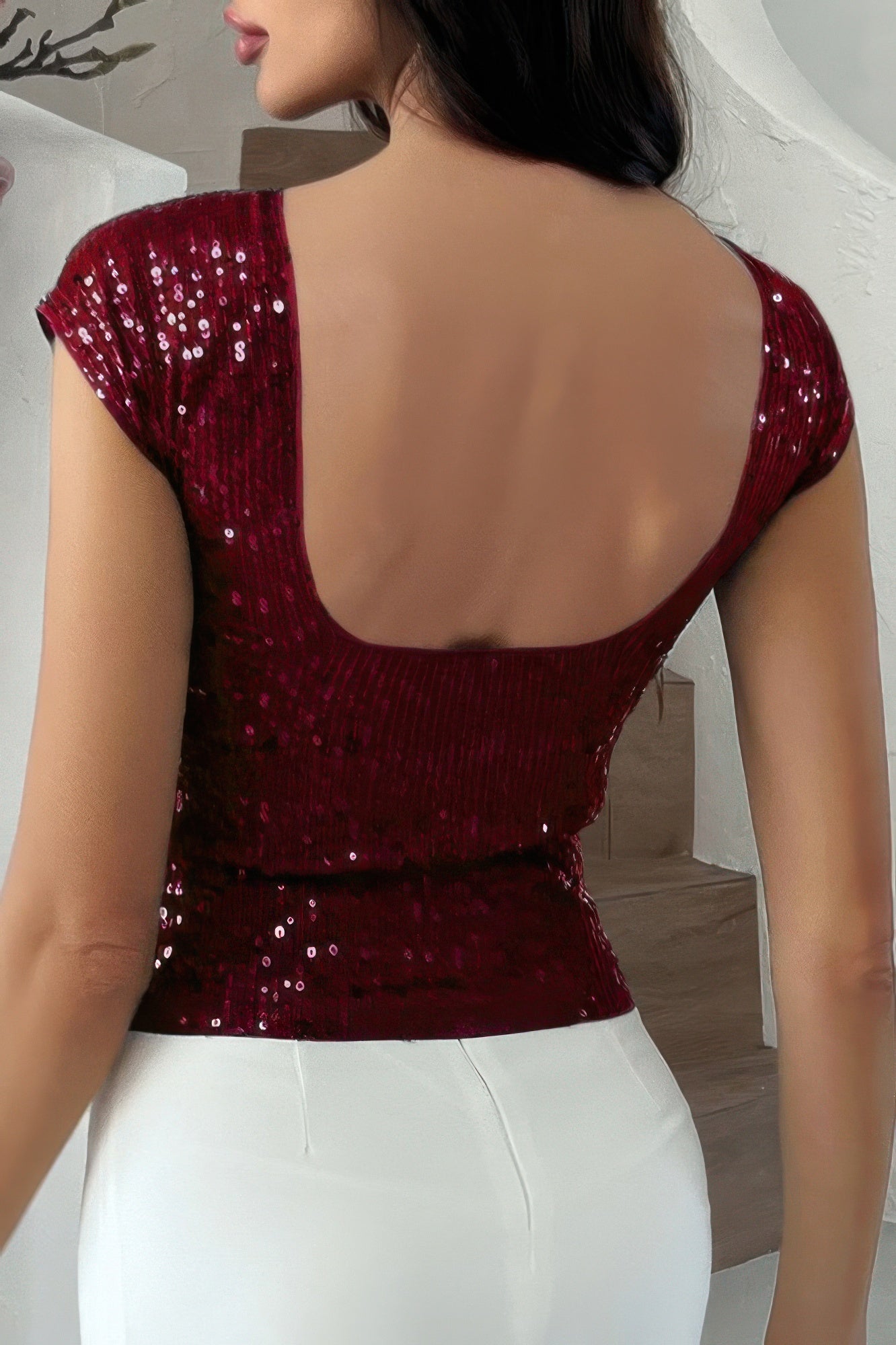 Round Neck Sequin Crop Slim Short Sleeves Top