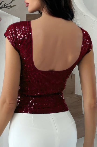 Round Neck Sequin Crop Slim Short Sleeves Top