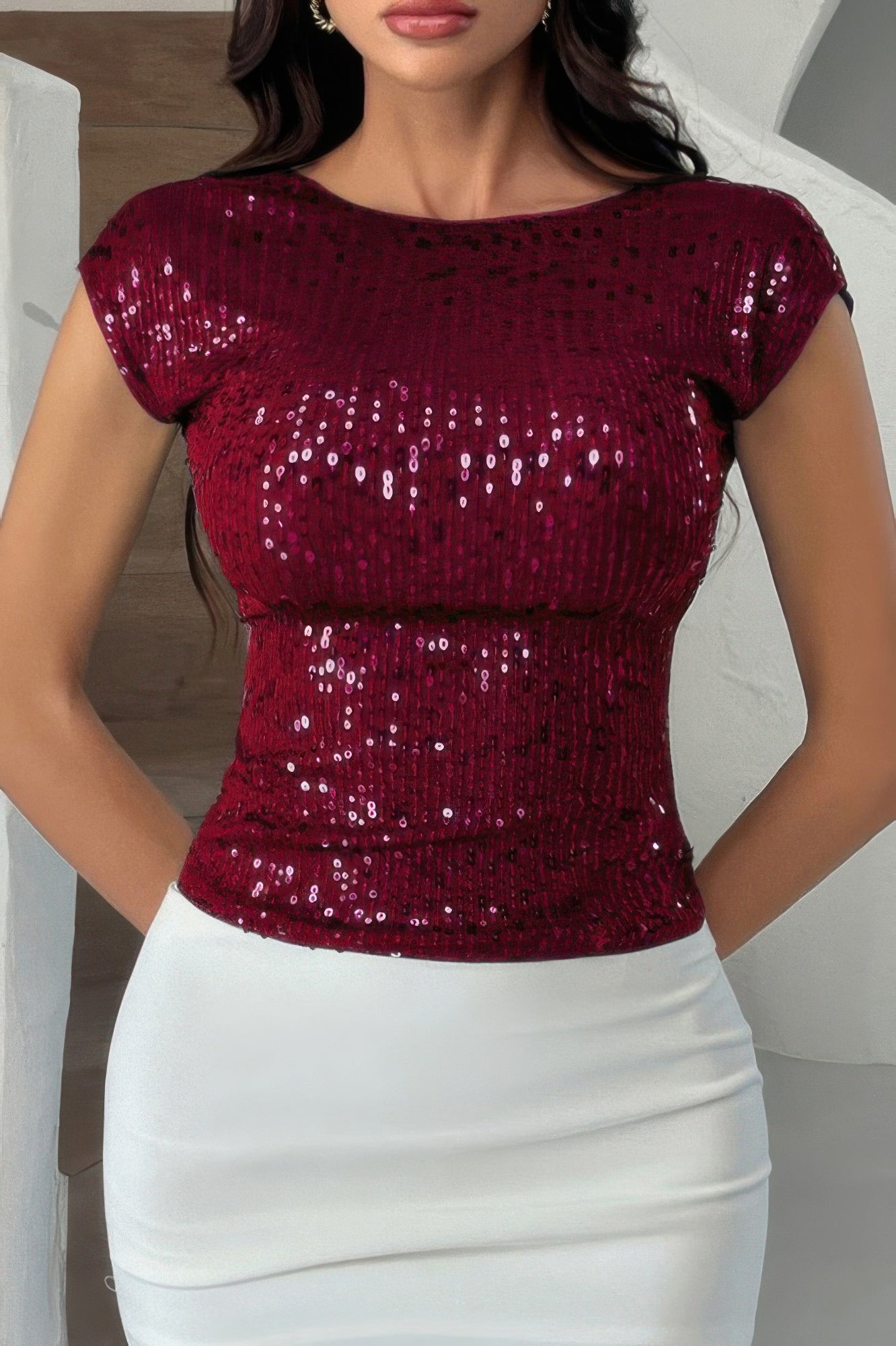 Round Neck Sequin Crop Slim Short Sleeves Top