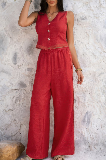 Solid Two Pieces Button Lace Hem Long Sets