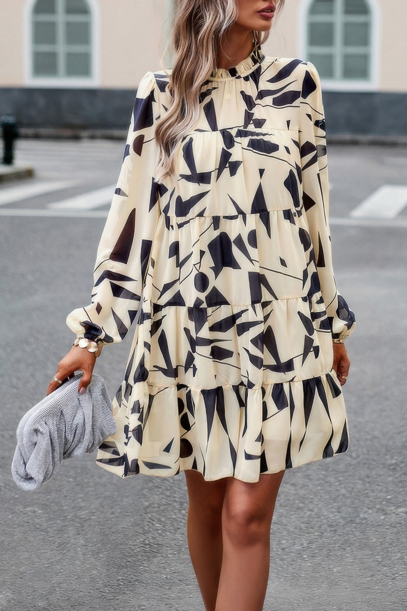Ruffle Neck Abstract Print Long Sleeve Tiered Dress
