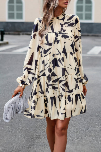 Ruffle Neck Abstract Print Long Sleeve Tiered Dress