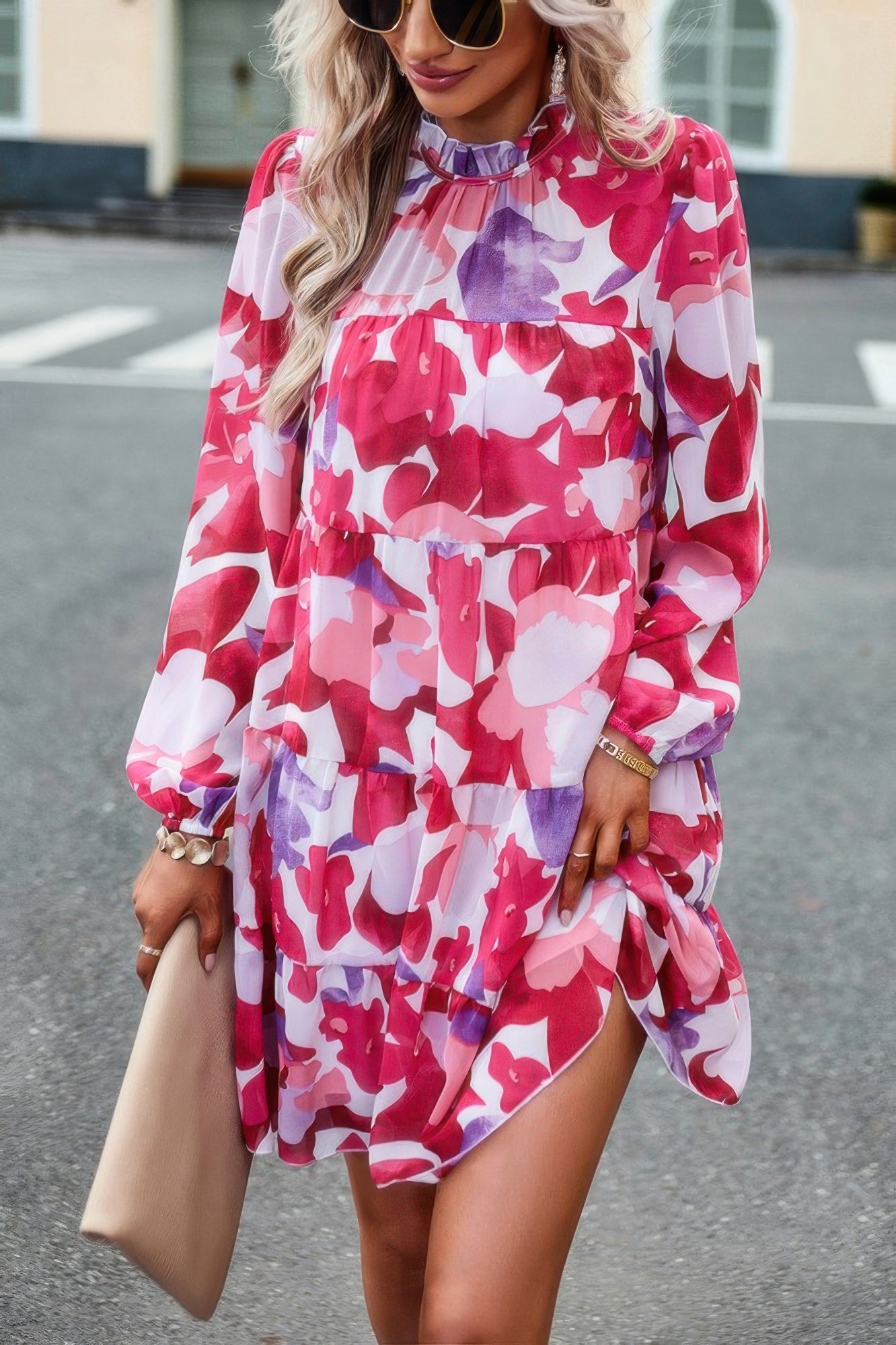 Ruffle Neck Abstract Print Long Sleeve Tiered Dress
