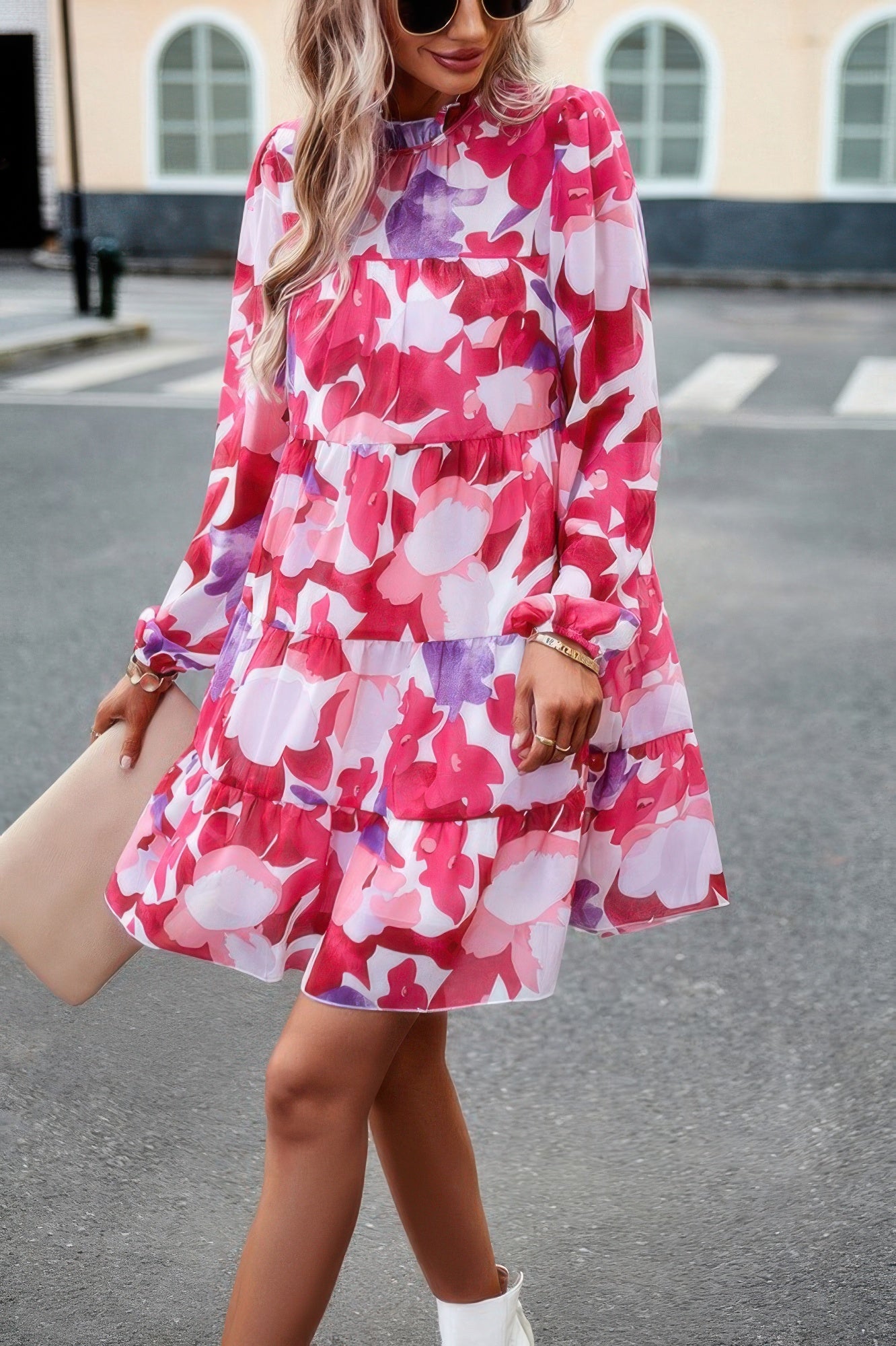 Ruffle Neck Abstract Print Long Sleeve Tiered Dress