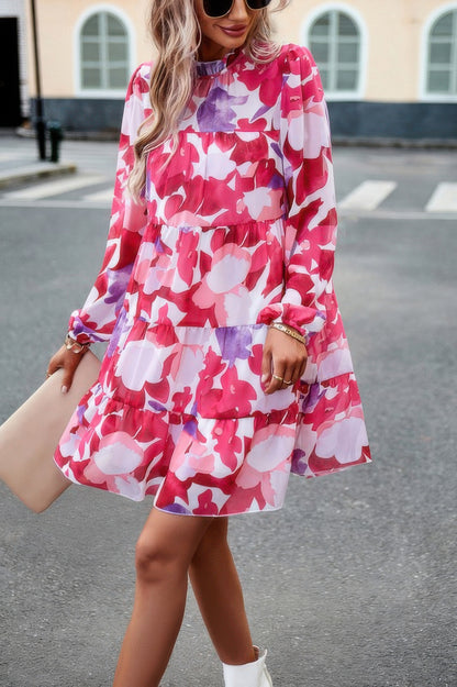 Ruffle Neck Abstract Print Long Sleeve Tiered Dress