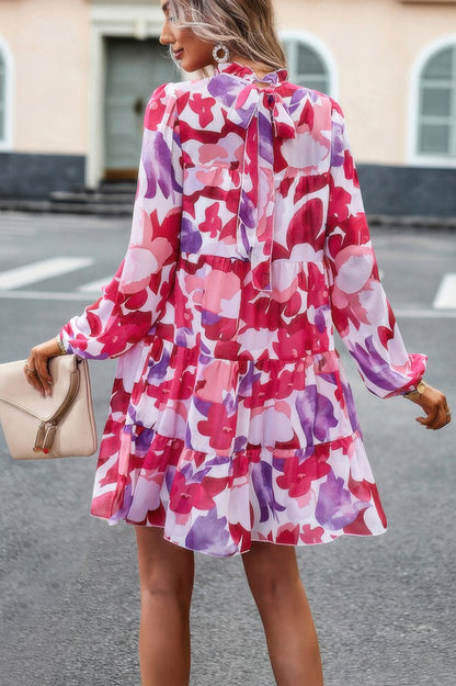 Ruffle Neck Abstract Print Long Sleeve Tiered Dress