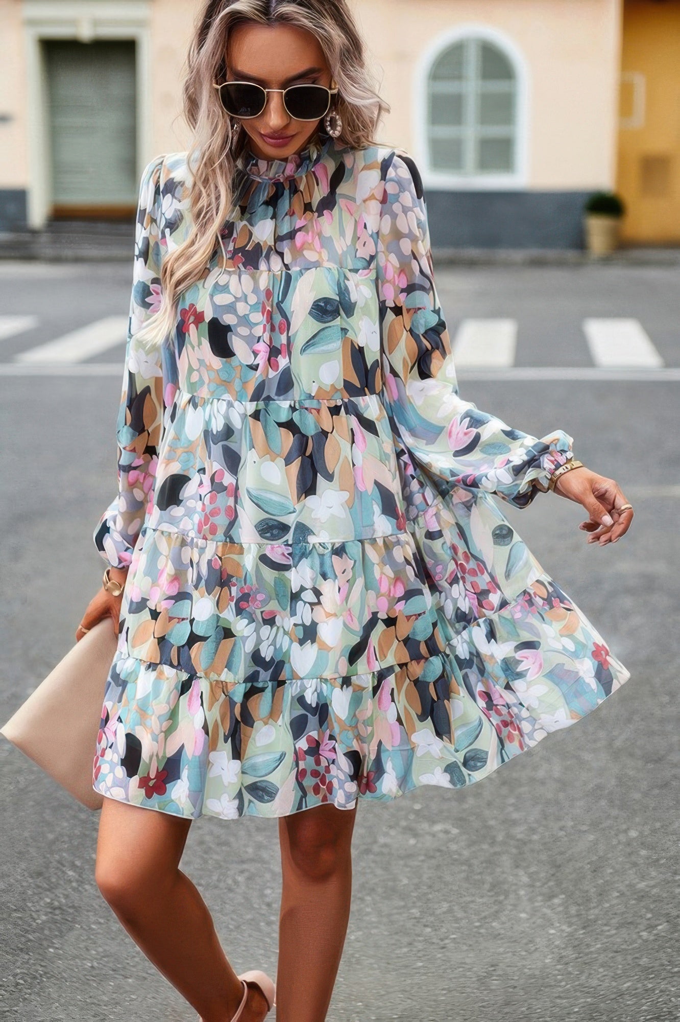 Ruffle Neck Abstract Print Long Sleeve Tiered Dress