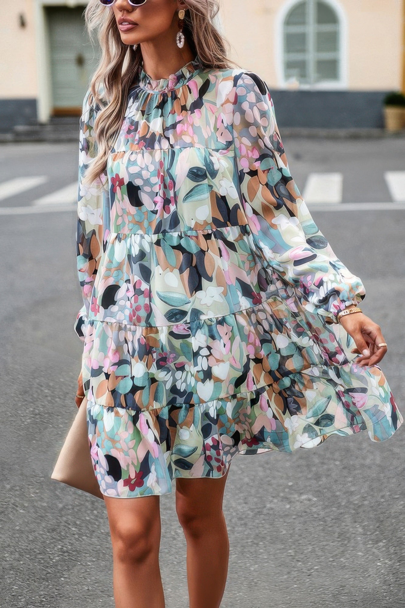 Ruffle Neck Abstract Print Long Sleeve Tiered Dress