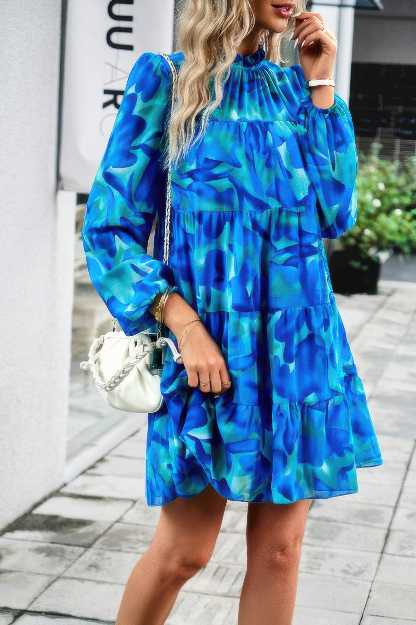 Ruffle Neck Abstract Print Long Sleeve Tiered Dress