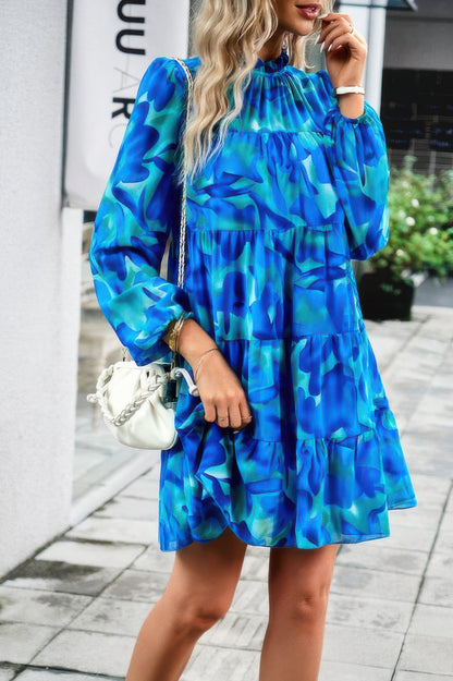 Ruffle Neck Abstract Print Long Sleeve Tiered Dress