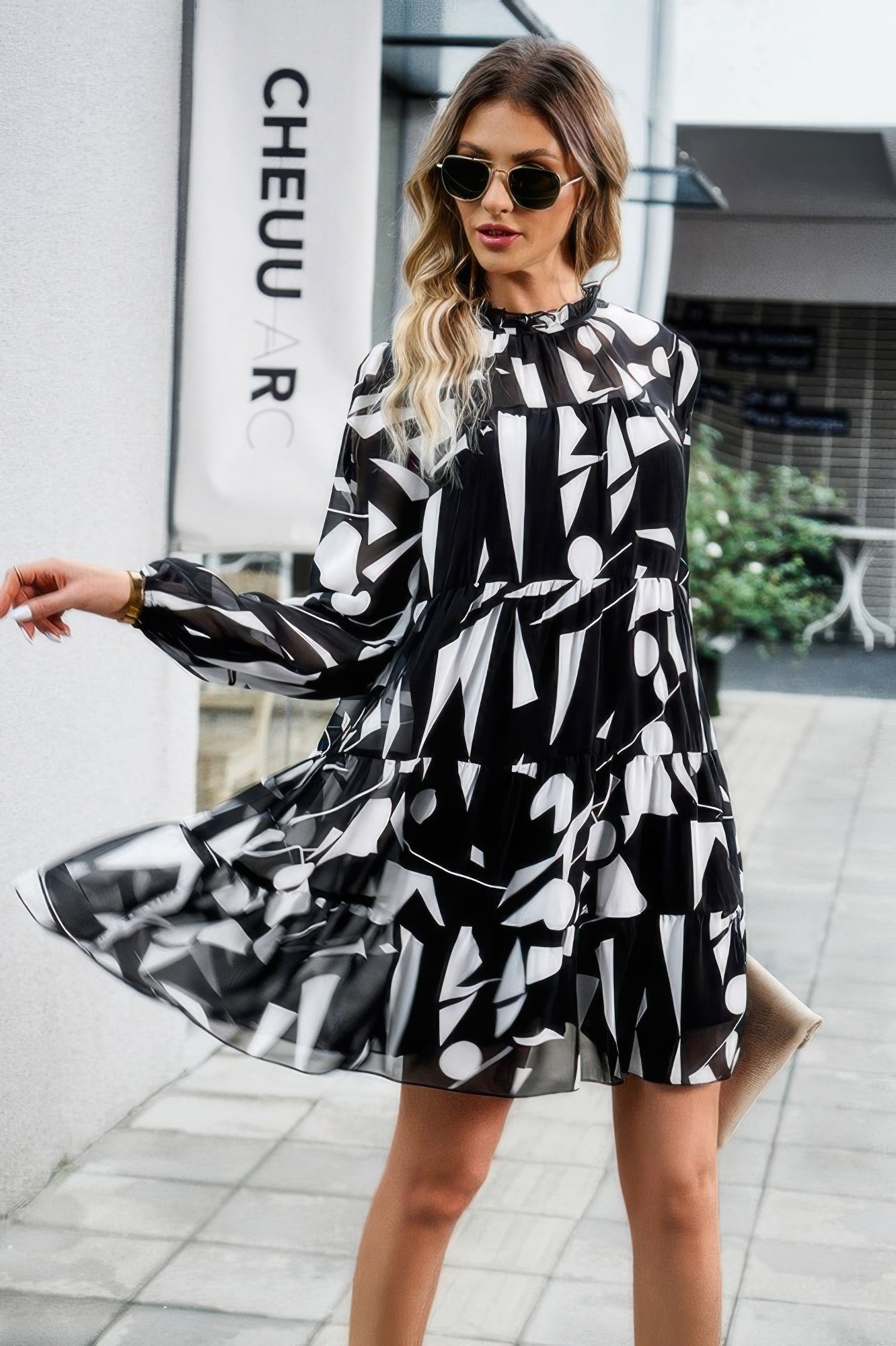 Ruffle Neck Abstract Print Long Sleeve Tiered Dress