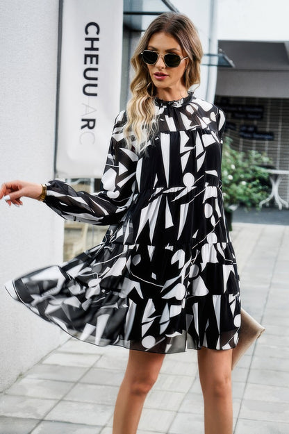 Ruffle Neck Abstract Print Long Sleeve Tiered Dress