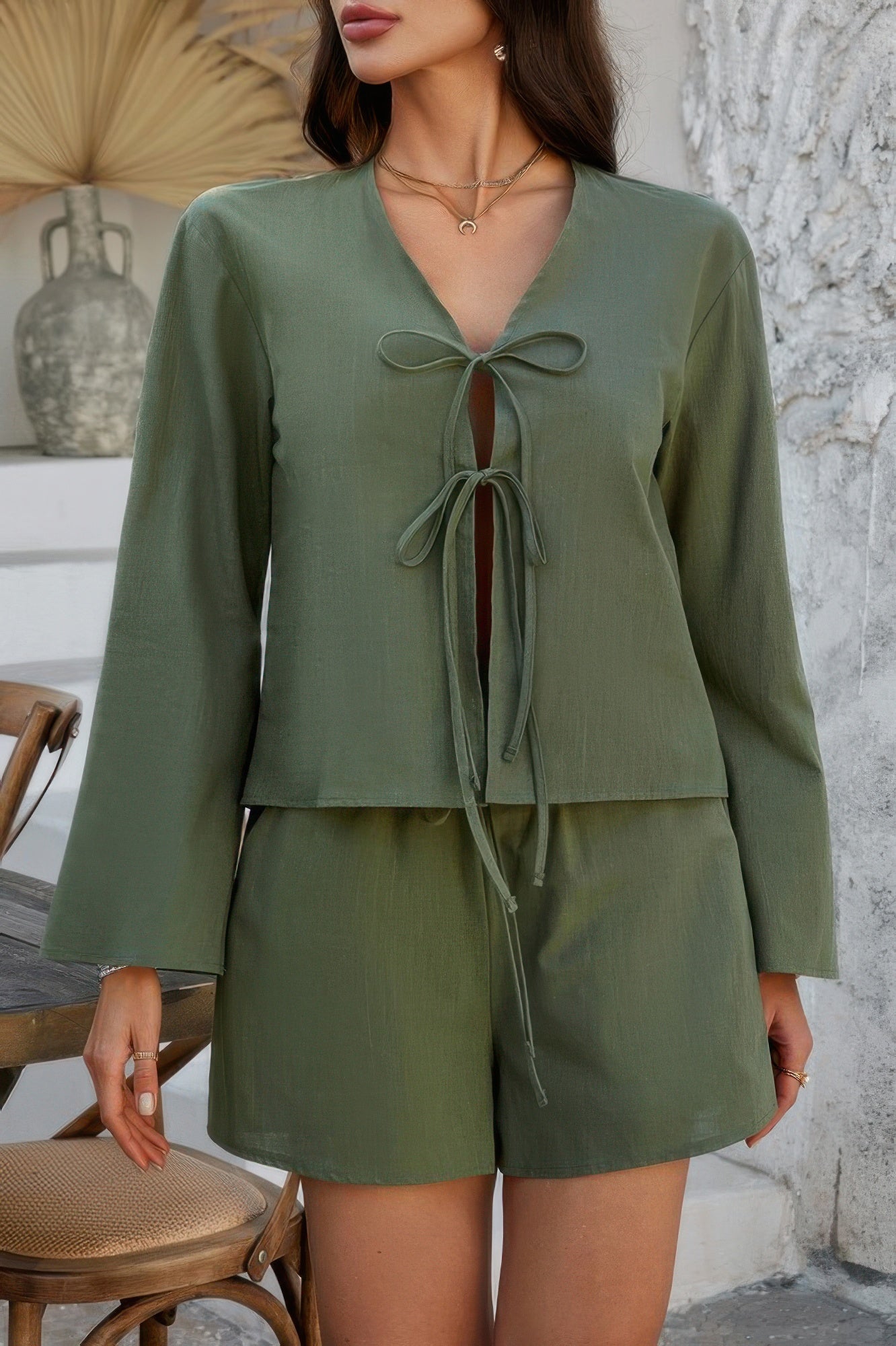 Two Pieces Tie Open Front V Neck Long Sleeve Sets