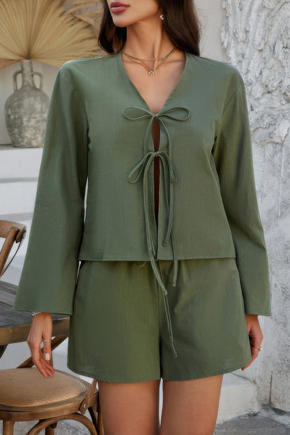 Two Pieces Tie Open Front V Neck Long Sleeve Sets