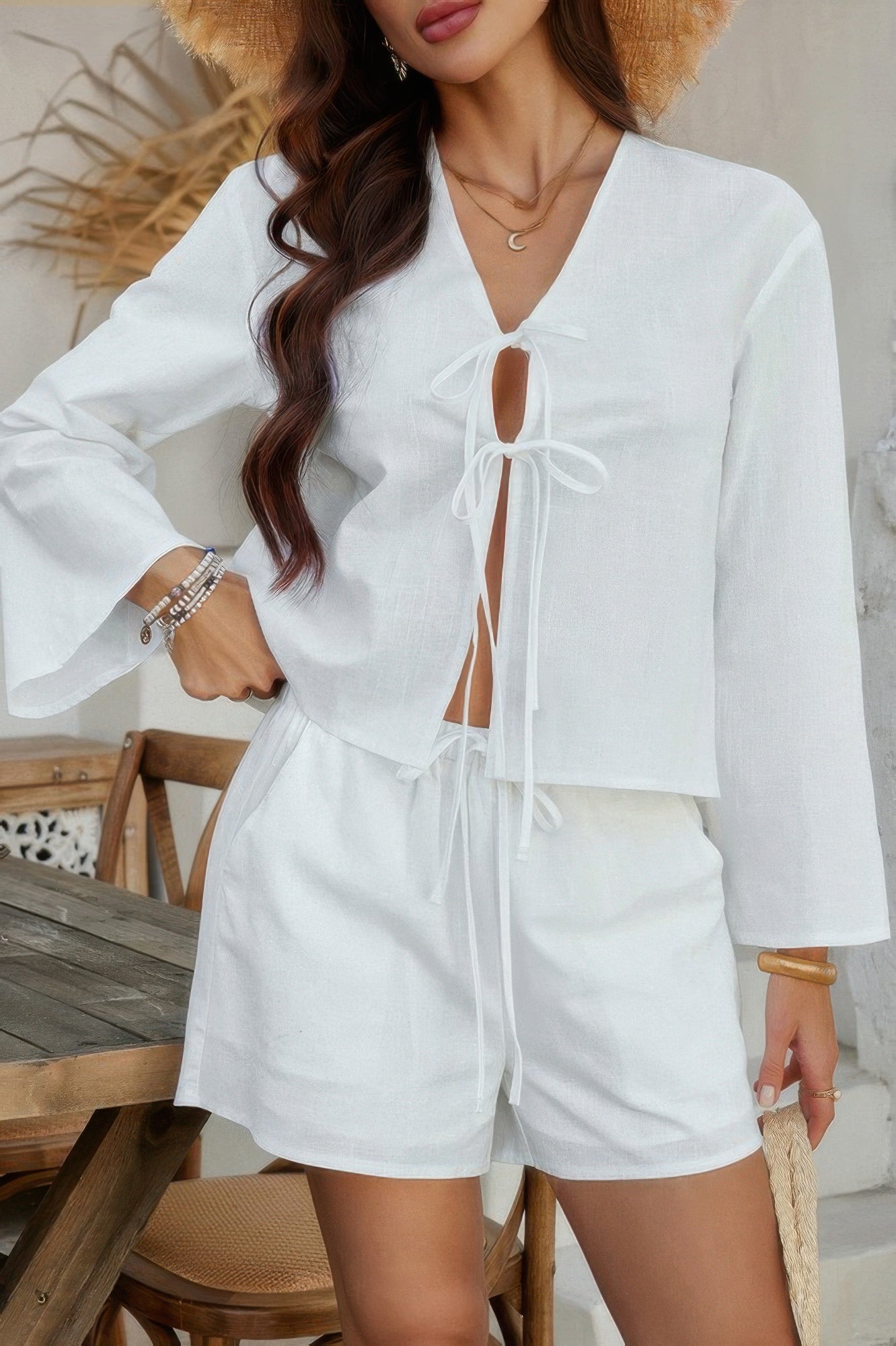 Two Pieces Tie Open Front V Neck Long Sleeve Sets