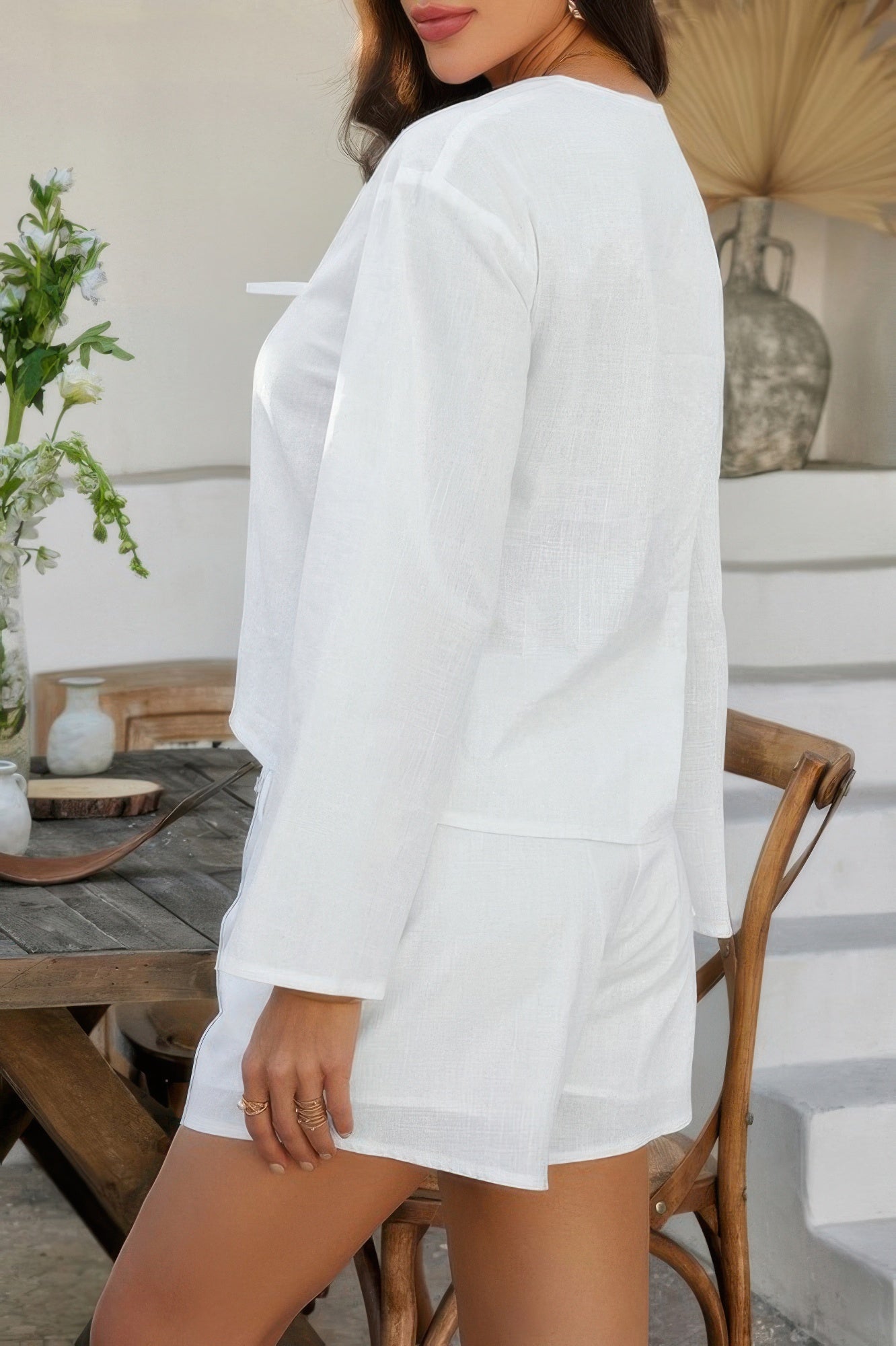 Two Pieces Tie Open Front V Neck Long Sleeve Sets