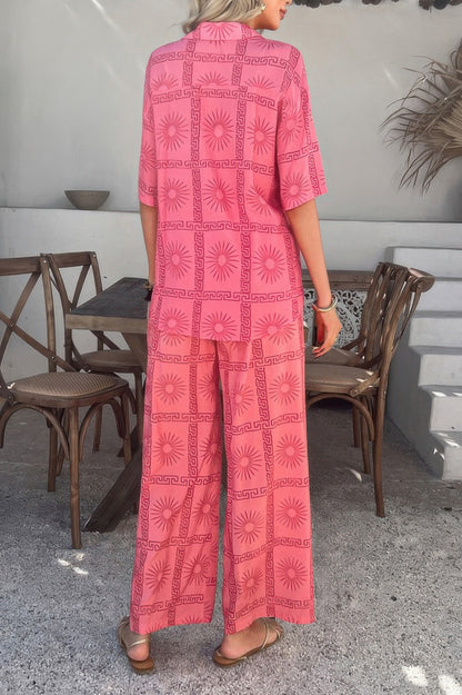 Two Pieces All Over Print Button Down Long Sets