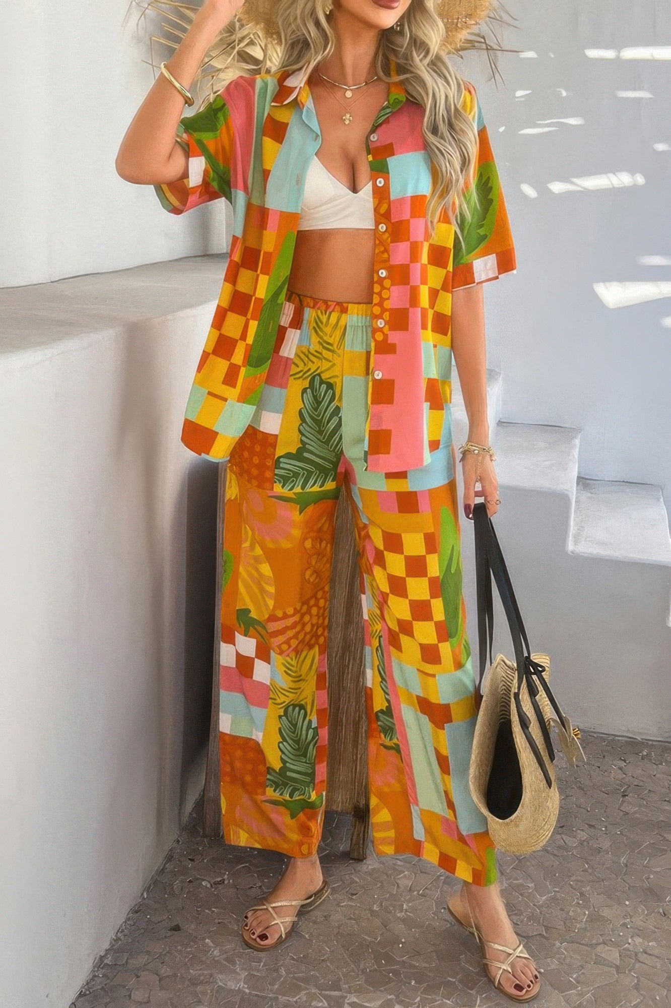 Two Pieces All Over Print Button Down Long Sets