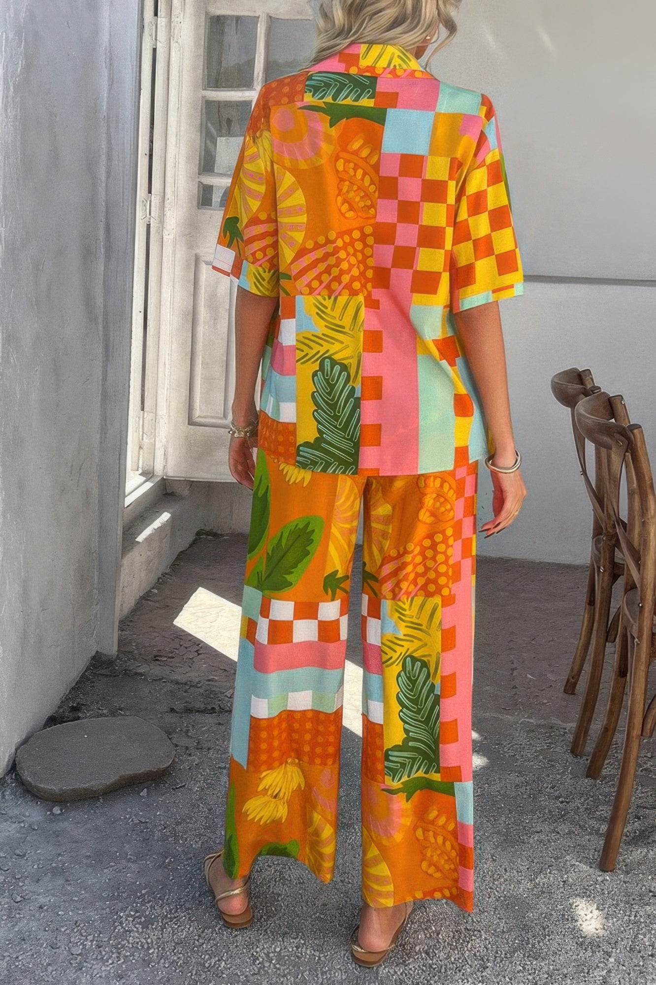 Two Pieces All Over Print Button Down Long Sets