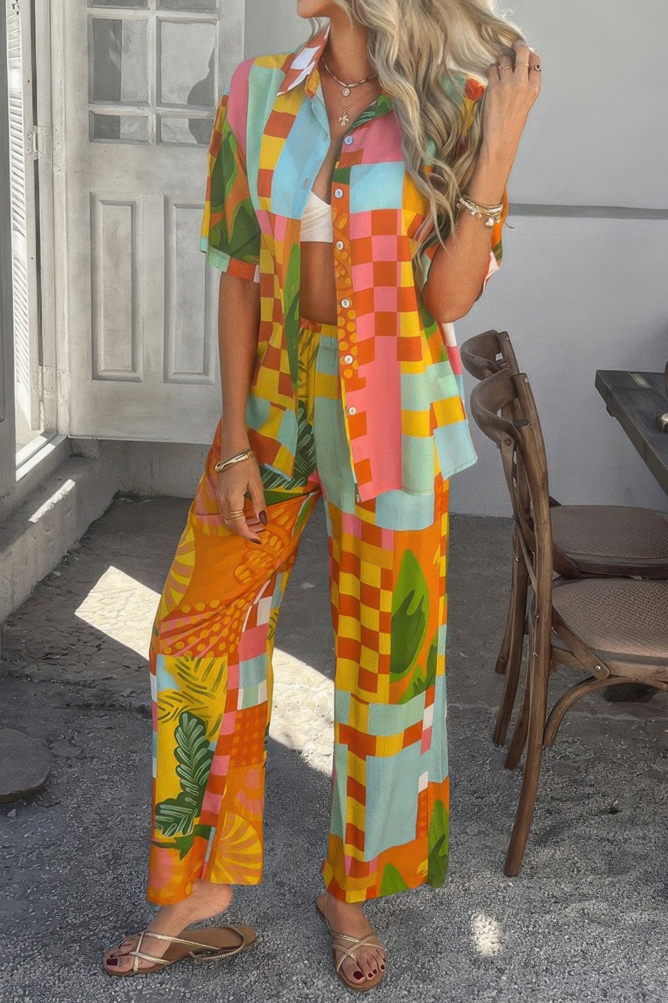 Two Pieces All Over Print Button Down Long Sets