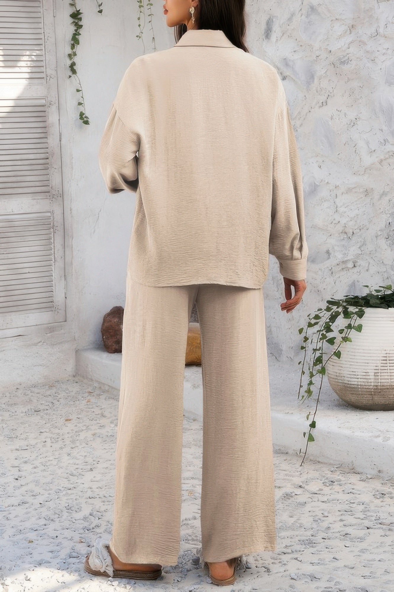 Two Pieces Solid Button Down Blouse Pant Sets