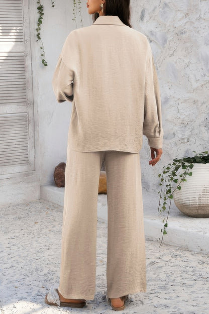 Two Pieces Solid Button Down Blouse Pant Sets