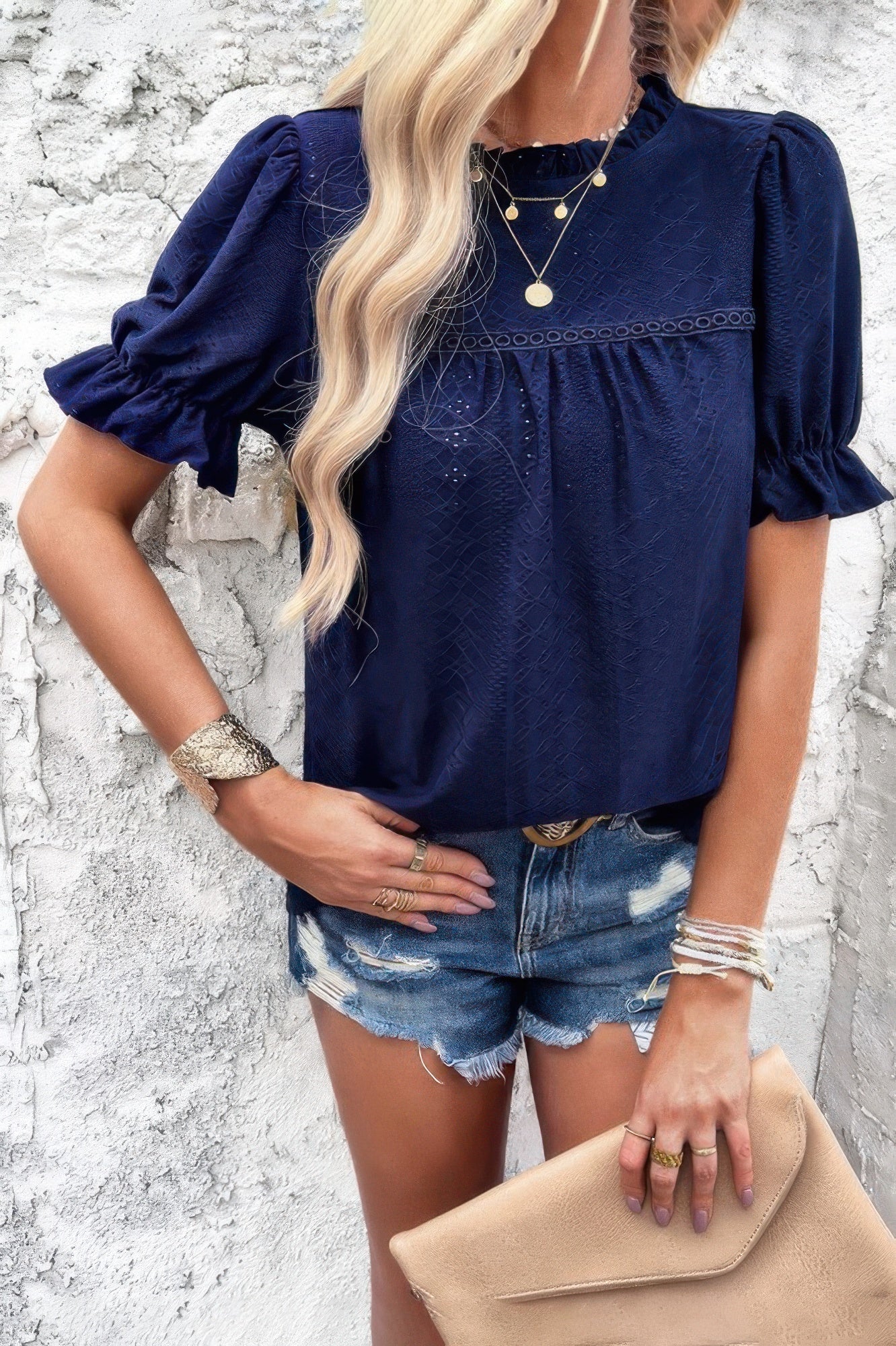 Round Neck Embroidery Ruffle Sleeve Loose Fit Shirt
