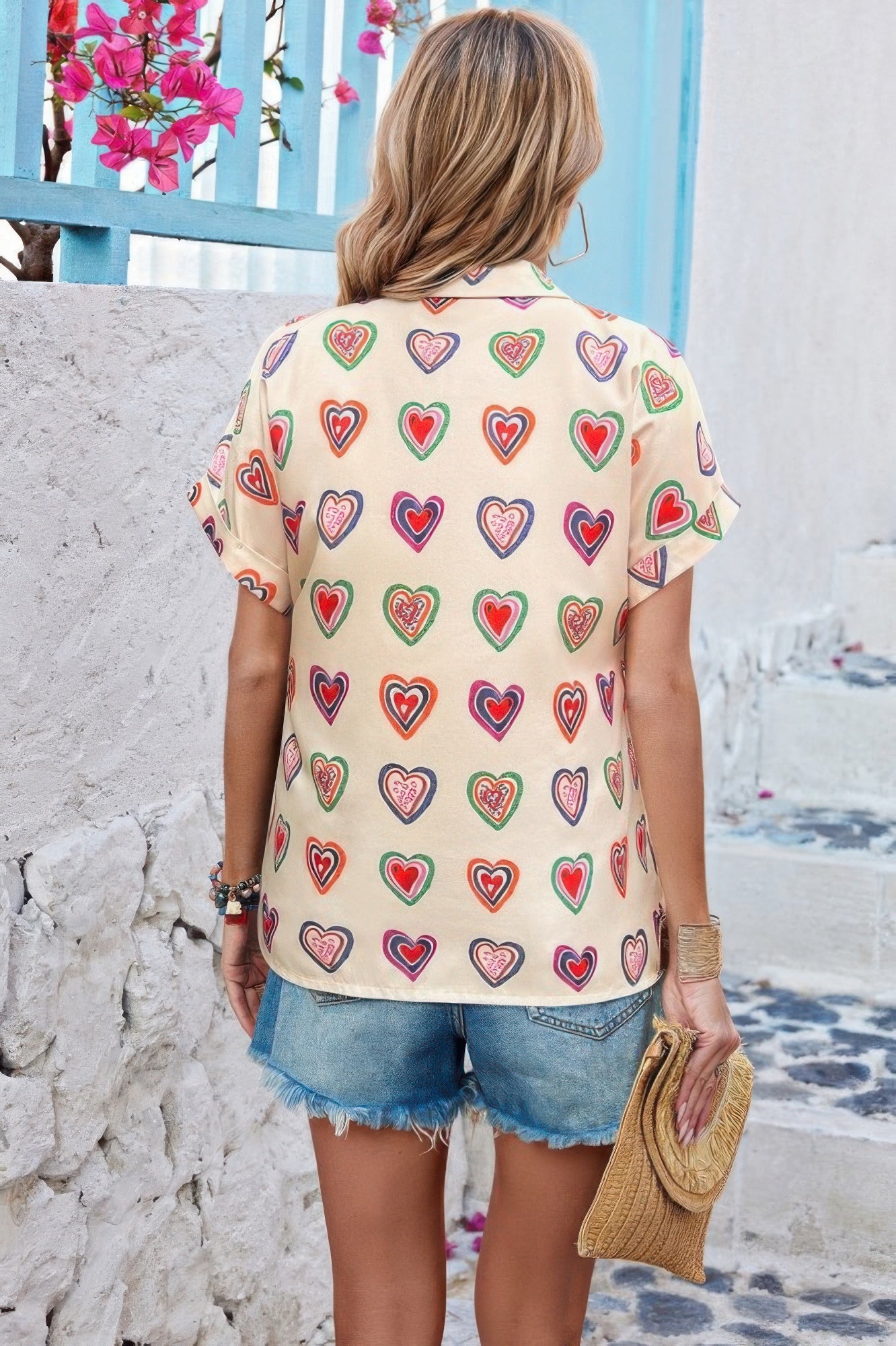 Plus Heart Print Button Down Batwing Sleeve Blouse